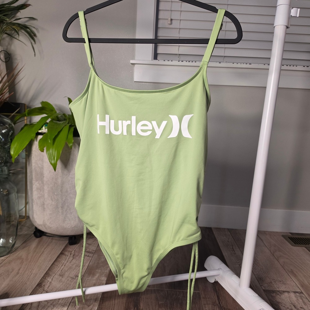 Hurley One Piece Swimsuit Women XL Sage Green Good Ruched Side Logo Scoop Back